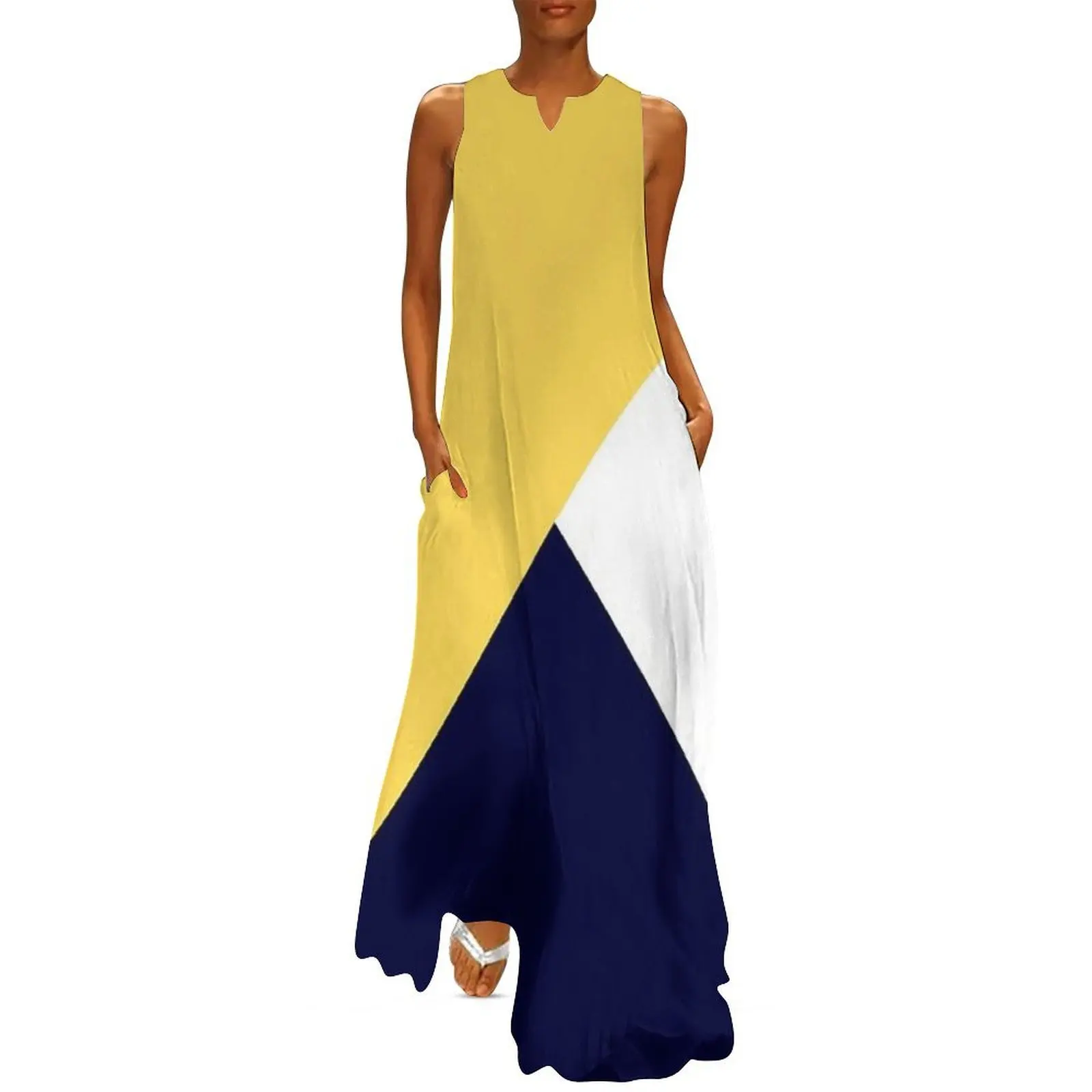 

Tricolor Mustard Yellow Navy Blue And White Long Dress women clothes party dress women elegant luxury dresses for women