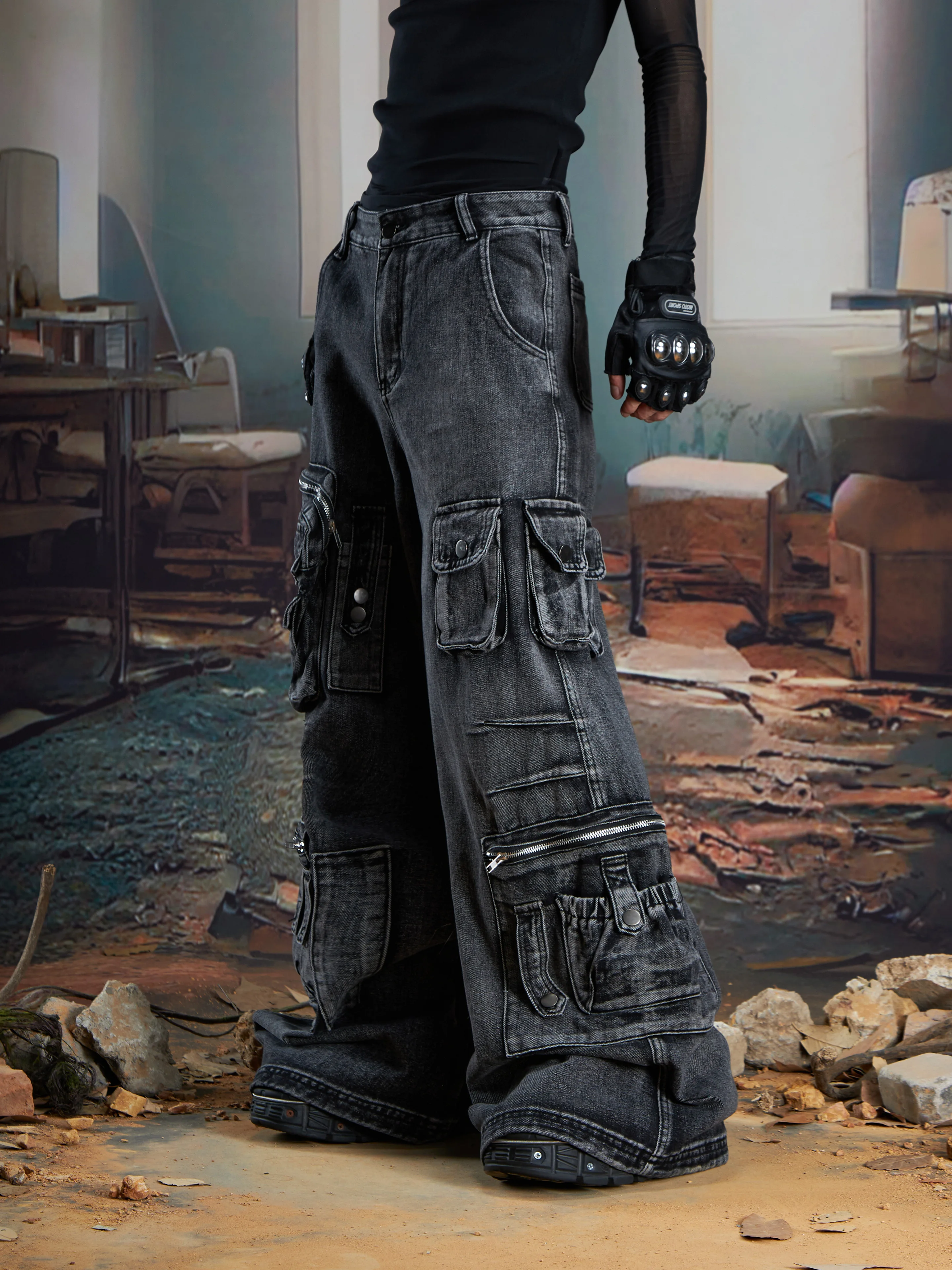 Special-Interest Design Heavy Industry Functional Multi-Pocket Washed and Worn Loose Straight Cargo Jeans Trousers