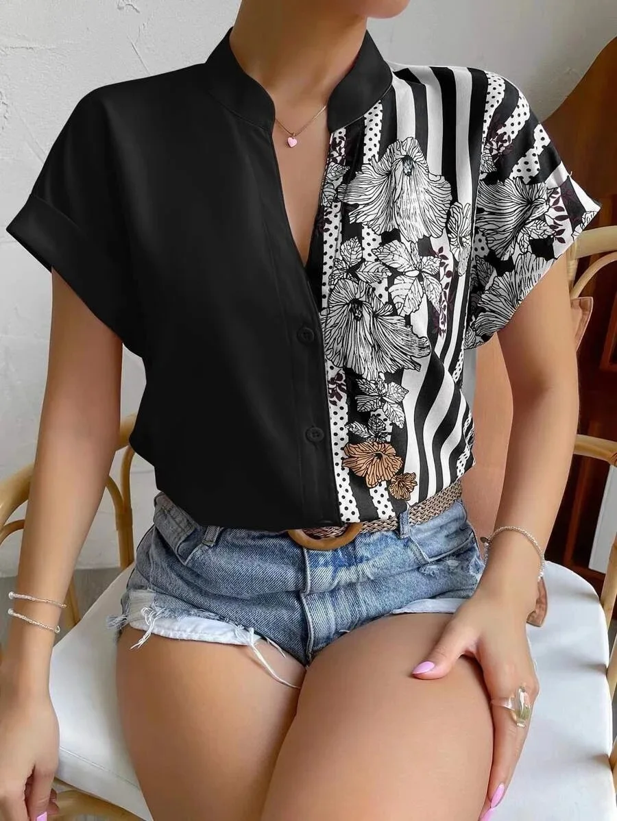 

Women's Summer Printed Blouse, Stand Collar Color Block Floral Shirt, Loose Short Sleeve Top, Casual Elegant for Work & Date