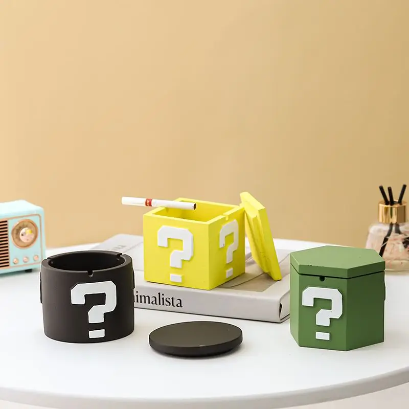 Concrete Mystery Question Mark Block Ashtray Collection | Retro Gaming Cement Decor | Multi-Color Desktop Ash Holder with Lid