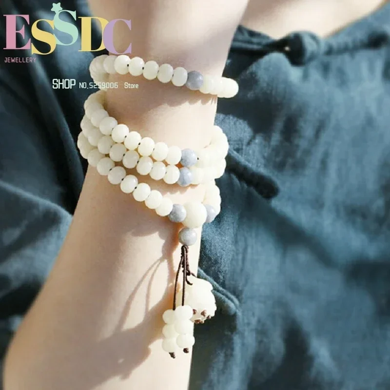 Original Designer Natural White Bead with Bodhi Root Lotus Buddhist 108 Mala Bracelet Elegant Lady Jewelry Wholesale