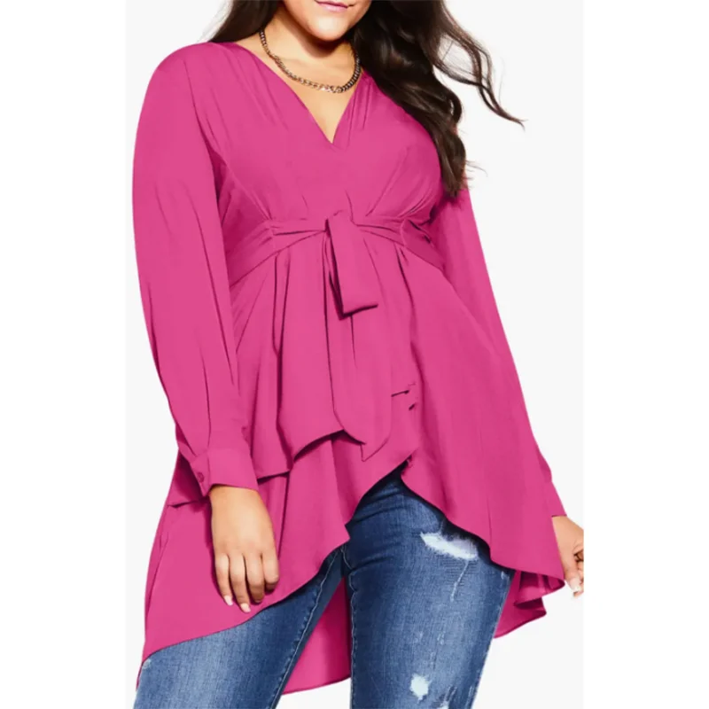 Female Plus Size Casual Rose Red High Low Long Sleeve Top Office Lady A-Line Lace-up Spring Autumn V-Neck Fashion Women\'s Top