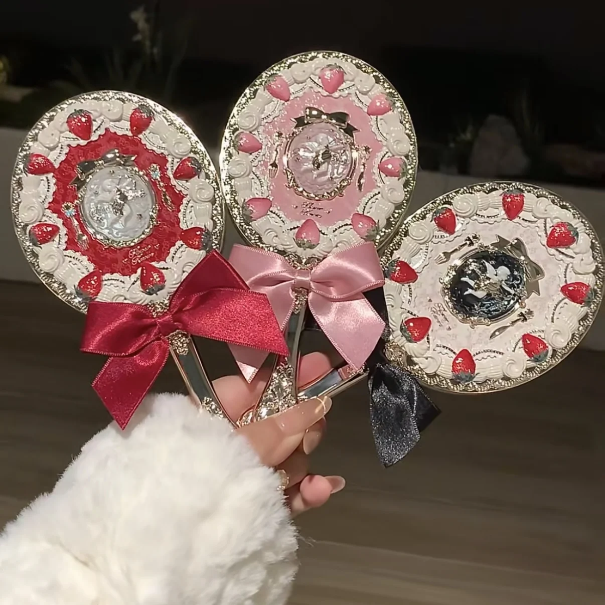 Flower Knows Handheld Mirror Strawberry Cupid Butterfly Cloud Delicate Beauty Makeup Tool Chinese Style Eastern Elements