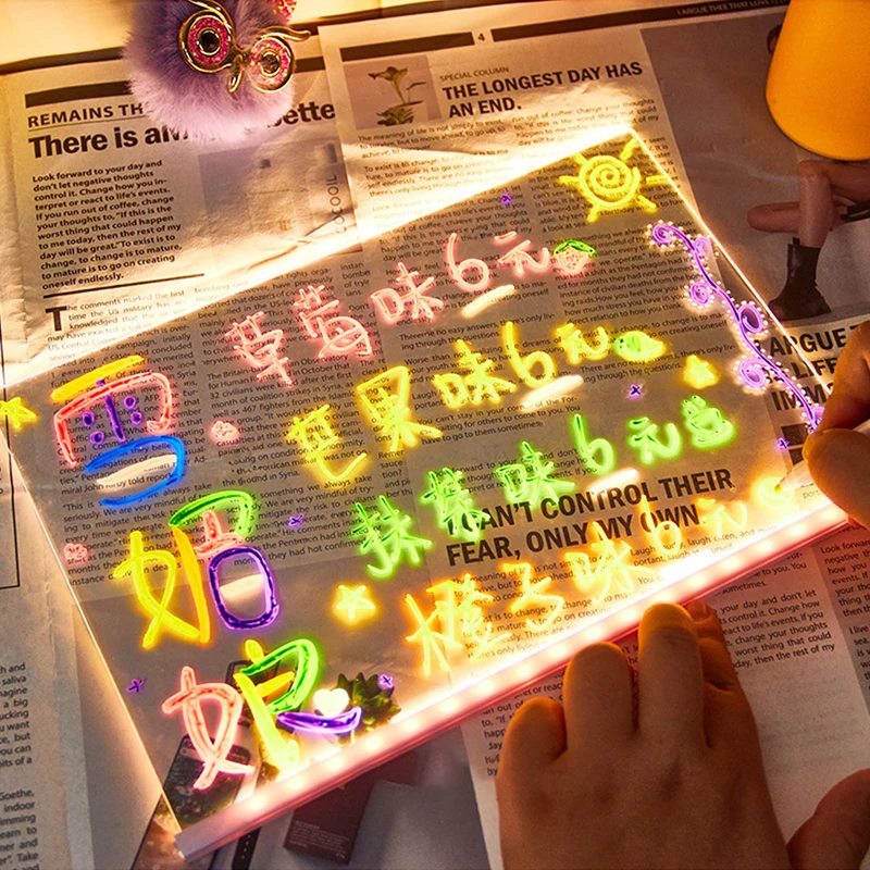 Lavagna per appunti a LED con colori, lavagna cancellabile a secco in acrilico illuminato, bacheca in acrilico, bacheca per appunti in acrilico illuminata con 7 penne