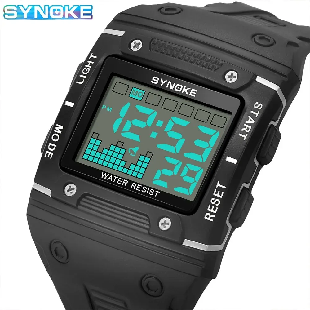 SYNOKE Digital Watch Men Sports Electronic Watch Waterproof Night Glow Large Screen Square Student Watch Outdoor Running Camping