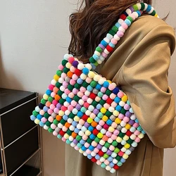 2024 New Woven Tote Bag Colorful Fluffy Ball Women Fashion Large Capacity Weave Tote Bag Casual Shoulder Bag Female Handbag