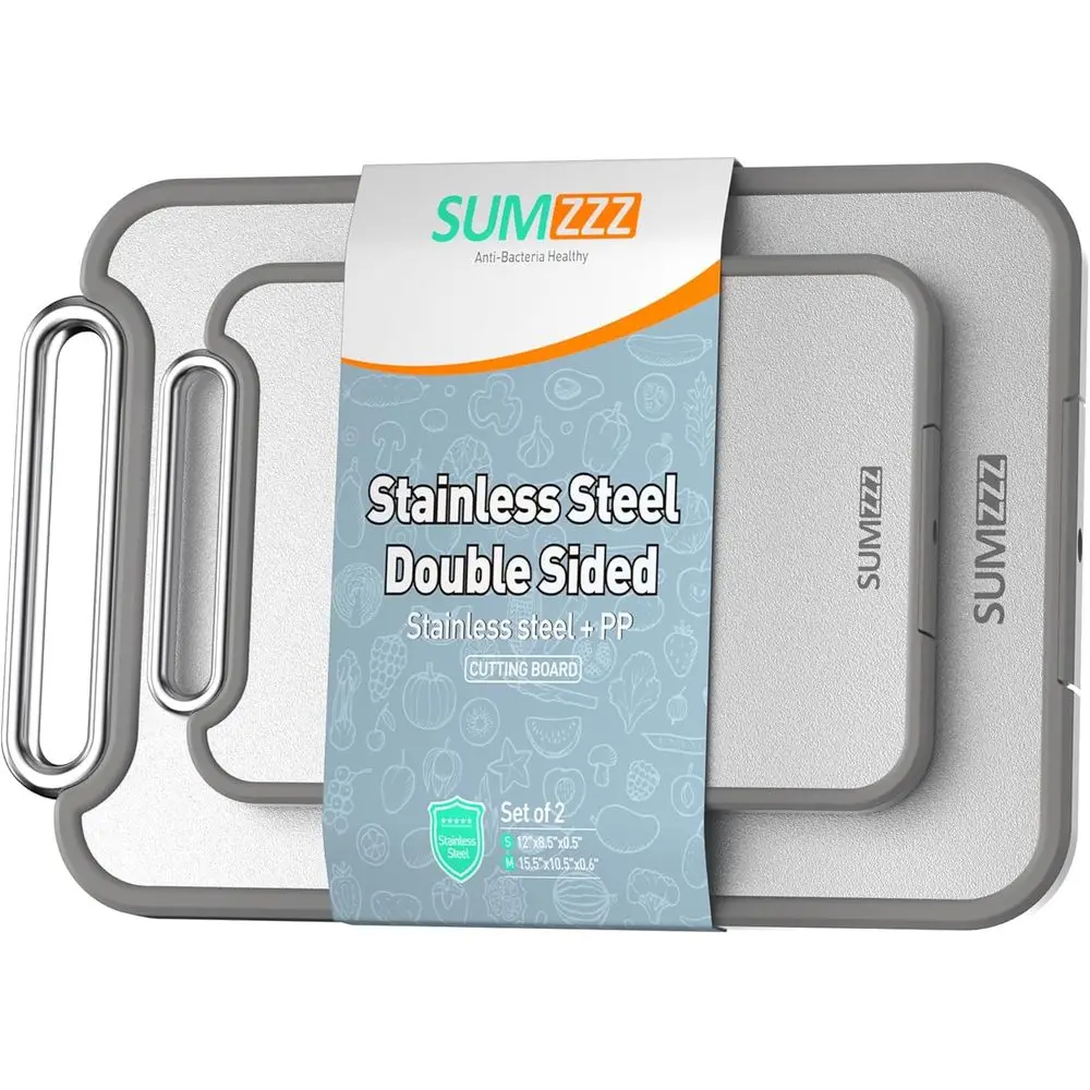 

2-in-1 Double-Sided Chopping Board, Stainless Steel/PP, Silver, Set of 2 (S+M)