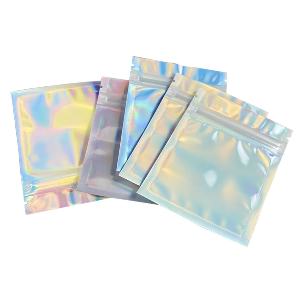 

Holographic Aluminum Foil Ziplock Single Transparent Laser Zipper Bag 100pcs Resealable Candy Nail Cosmetics Gifts Packing pouch