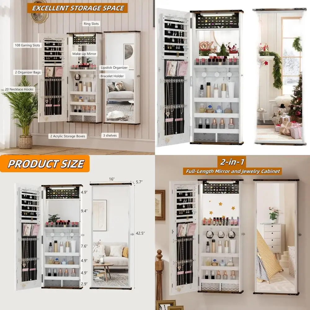 

Настенный шкаф для ювелирных изделий с зеркалом в полный рост, 4 отделения для хранения, встроенное зеркало для макияжа, 42 подвесное зеркало с запиранием