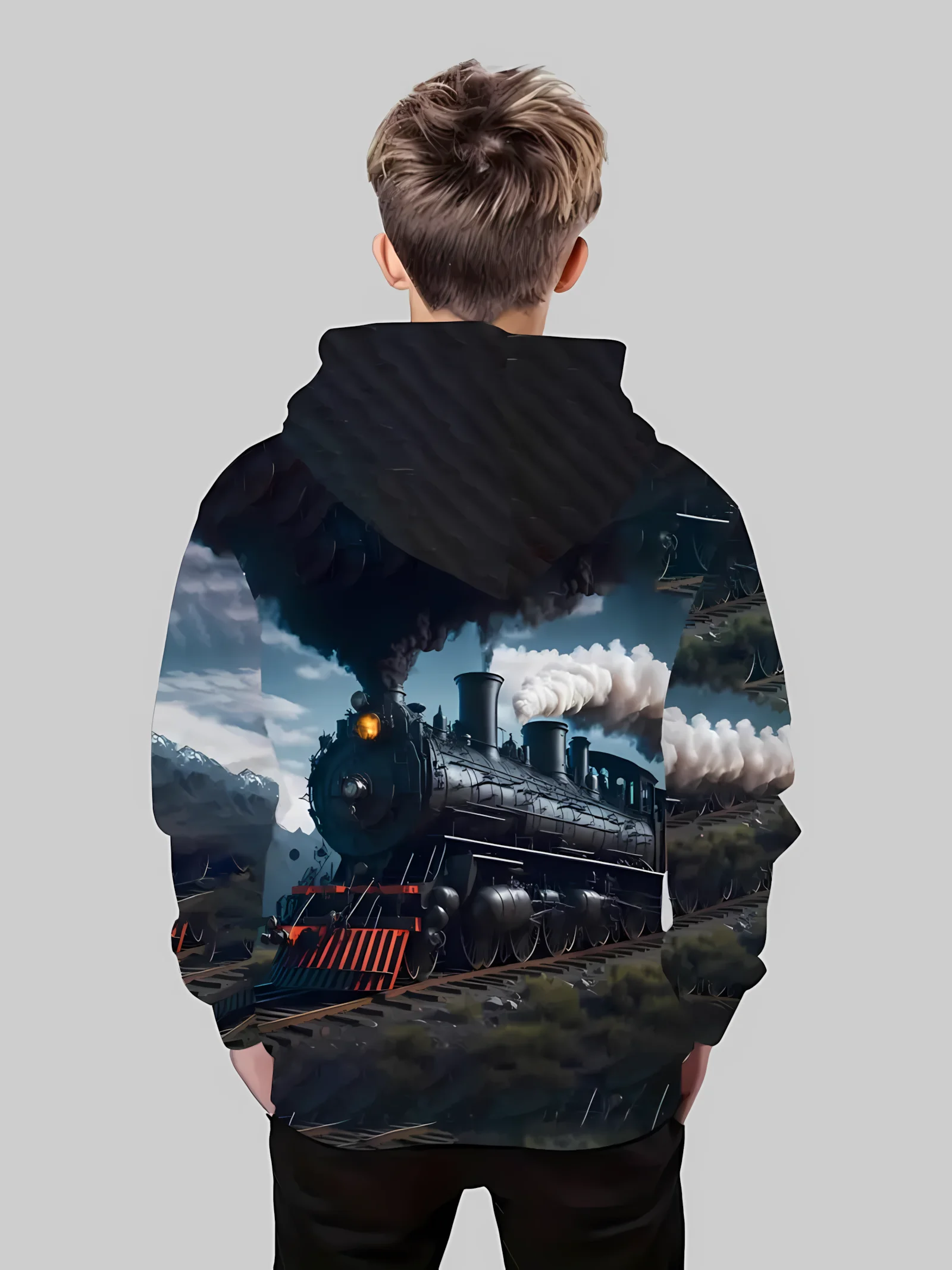 سترة بقلنسوة جديدة مريحة للأطفال لخريف 2025 مع نمط قطار بخاري ثلاثي الأبعاد مطبوعة ملابس الشارع الشهير بلوفر كاجوال #2