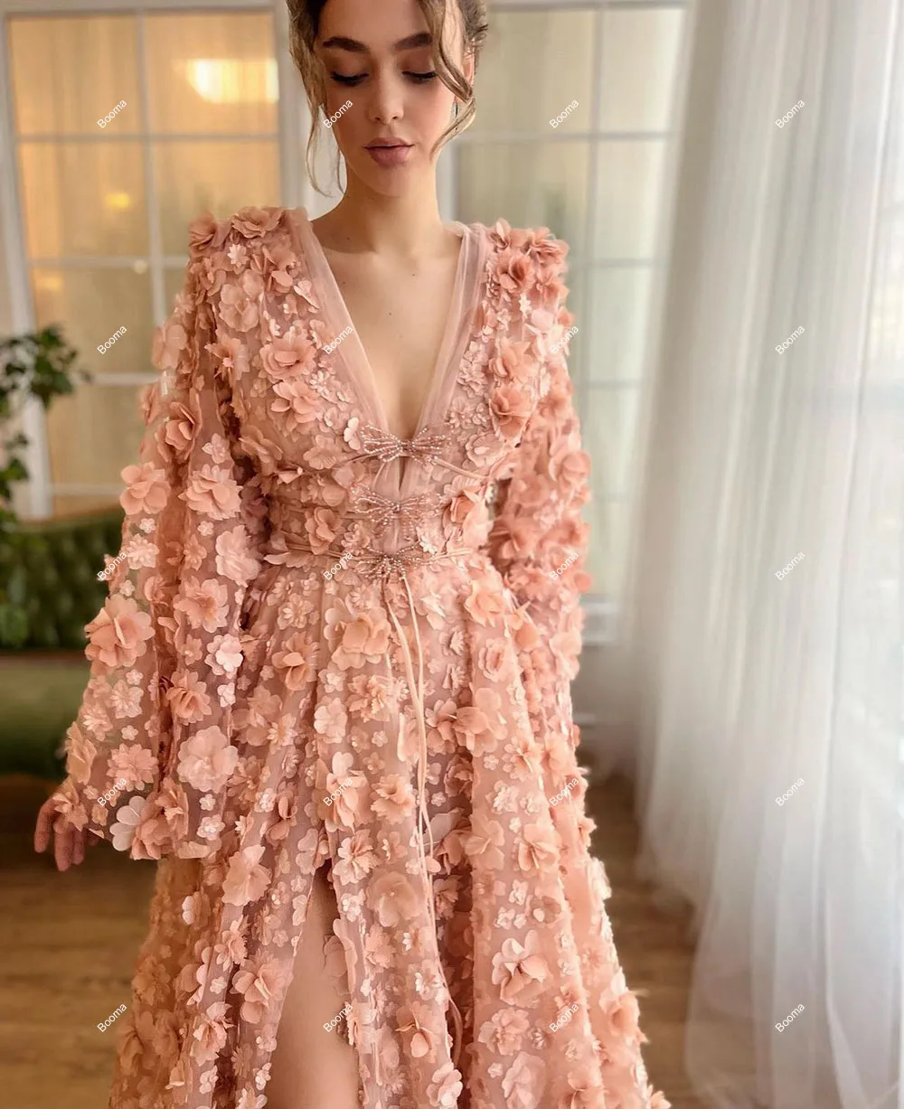 Booma A-Line 3D Flowers Prom Dresses Deep V Neck Long Sleeves Wedding Party Dress High Side Slit Evening Party Gonws for Women