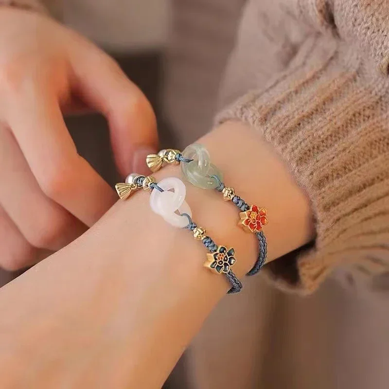 

Ethnic Style Flower Lotus Jade Ping An Buckle Braided Bracelets Adjustable Woven Amulet Bracelet For Women Jewelry Accessories