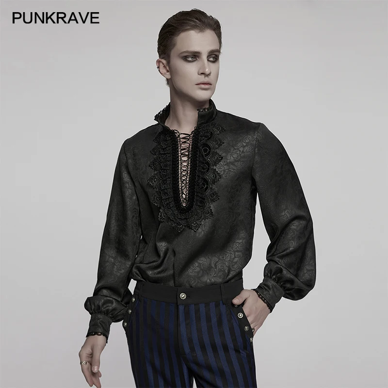 PUNK RAVE メンズ ゴス スタンドアップカラー ダークローズ柄シャツ エレガントなレースフロント ドローストリングデザイン 絶妙な感触のトップス