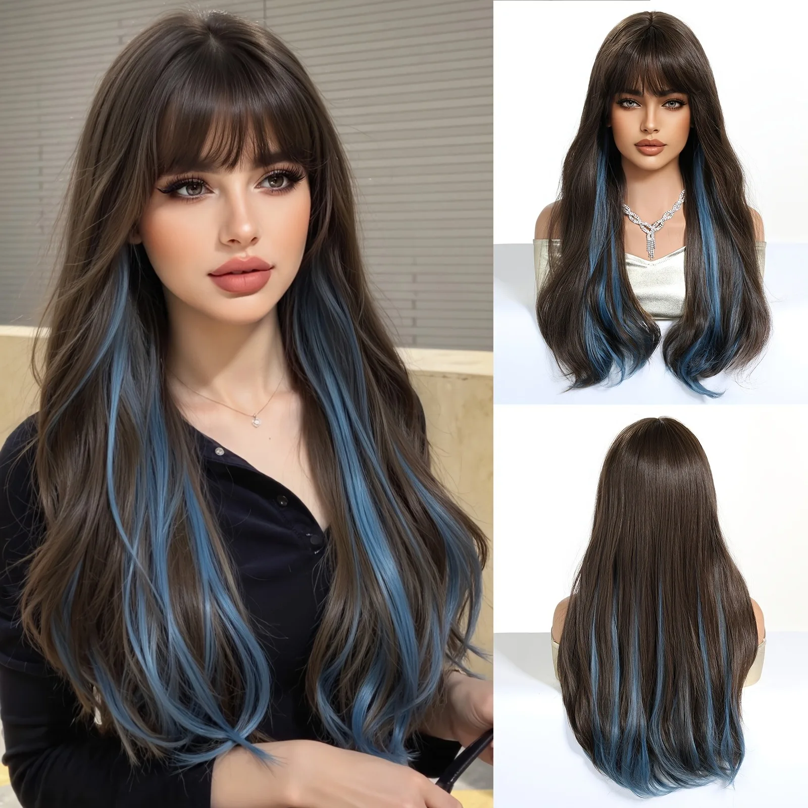 باروكة صناعية مجعدة ومستقيمة بطول 60.96 سم للنساء - بني طبيعي مع خصلات زرقاء مثالية لحفلات الهالوين #3