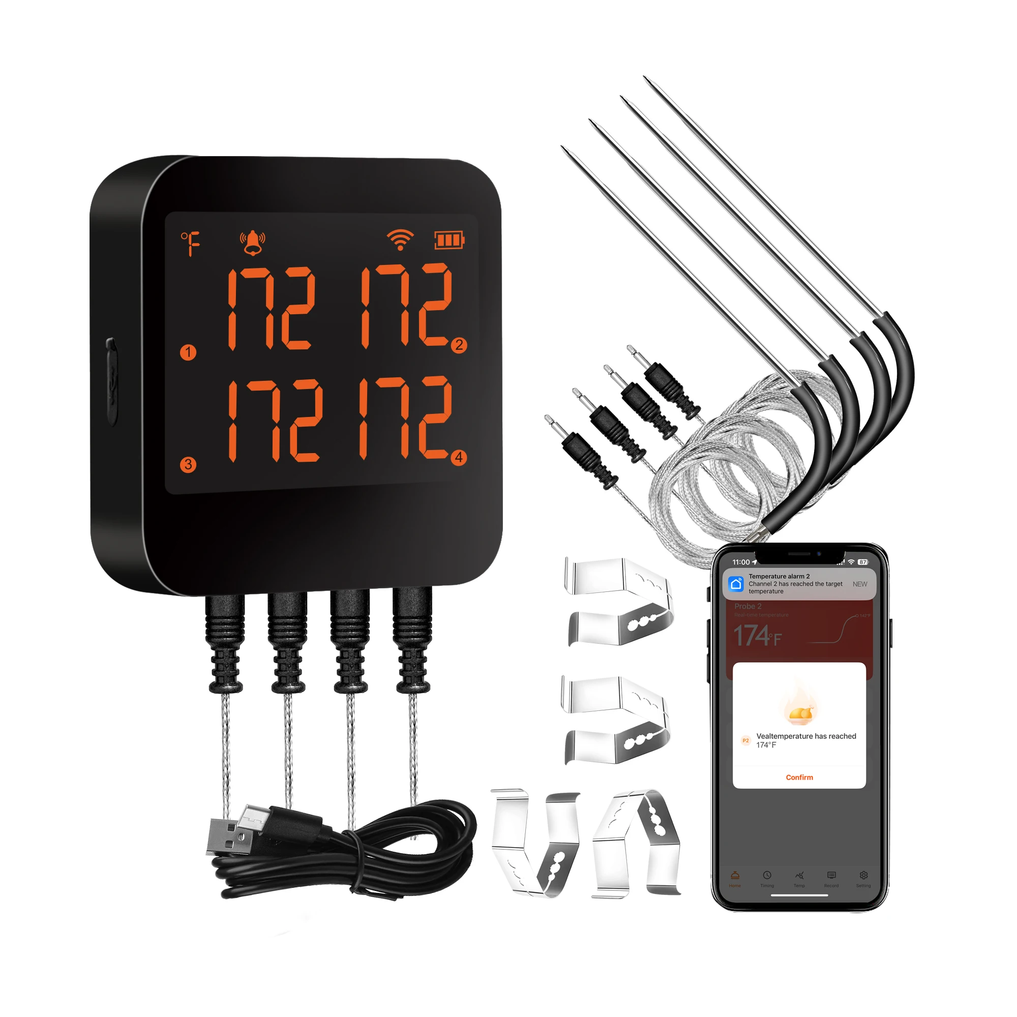 smart meat thermometer Digital Bluetooth with 4 Probes Rechargeable Remote Temperature Monitoring for Grill BBQ Smoker Oven