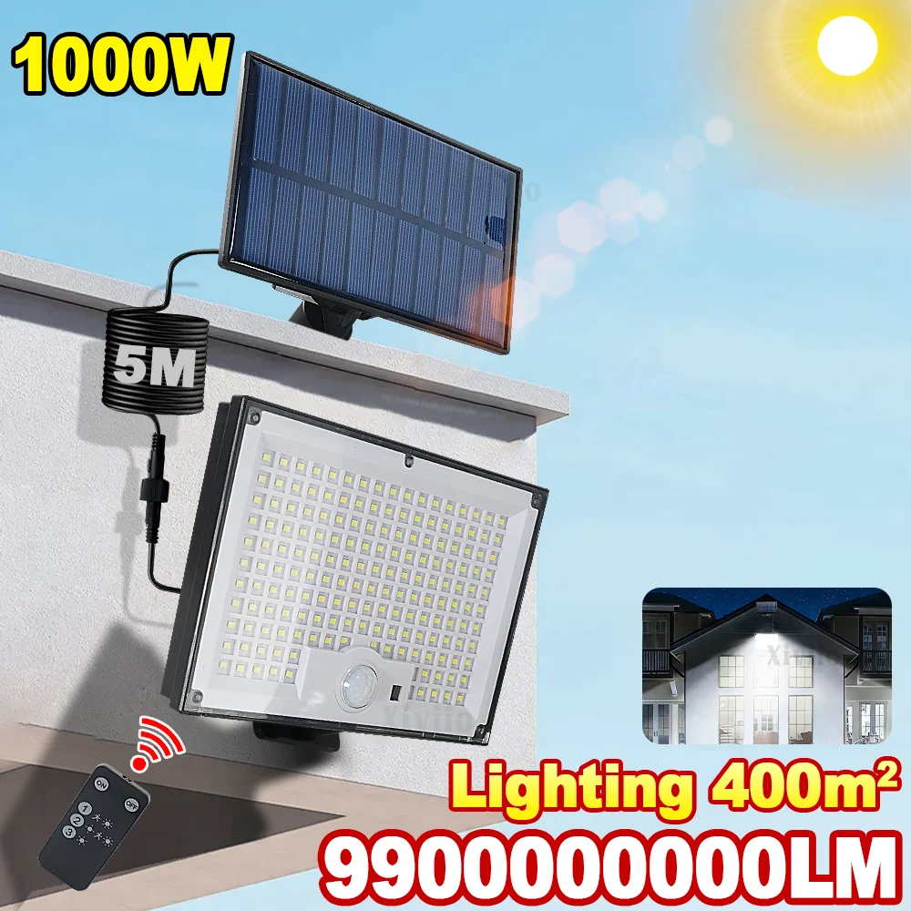

1000W Most Powerful Solar Split Lamps Human Motion Sensor Super Bright Floodlight Wall Lamp With 5M Wire Courtyard Garden Garage