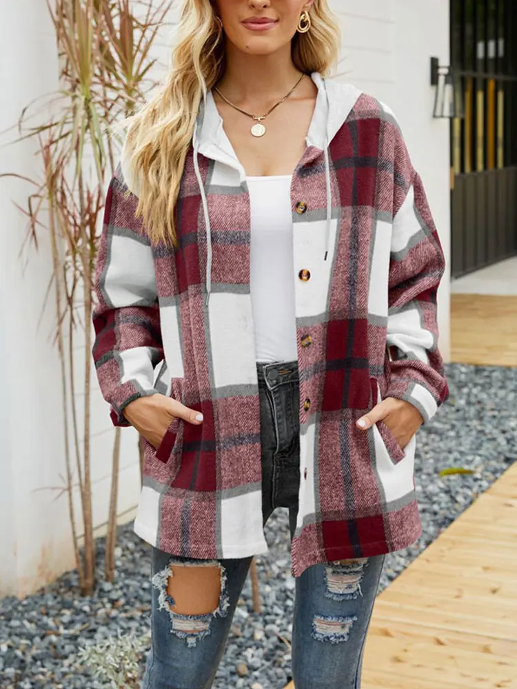 Autumn Winter Hooded Plaid Jacket Women Warm Long Jacket Coat Women Button Up Overshirt Loose Checkered Shirt Jackets for Women