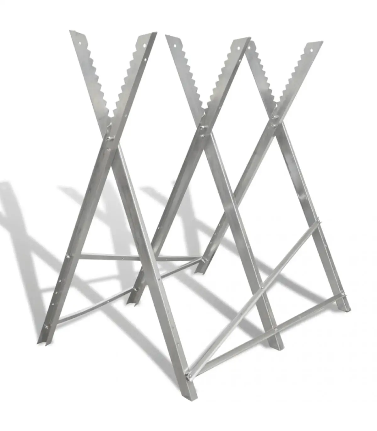 Galvanized folding bracket sawing trestles with woodworking saws