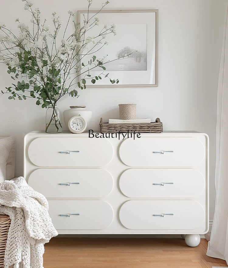 Cream style dining side cabinet Solid wood integrated storage against the wall Six-bucket cabinet