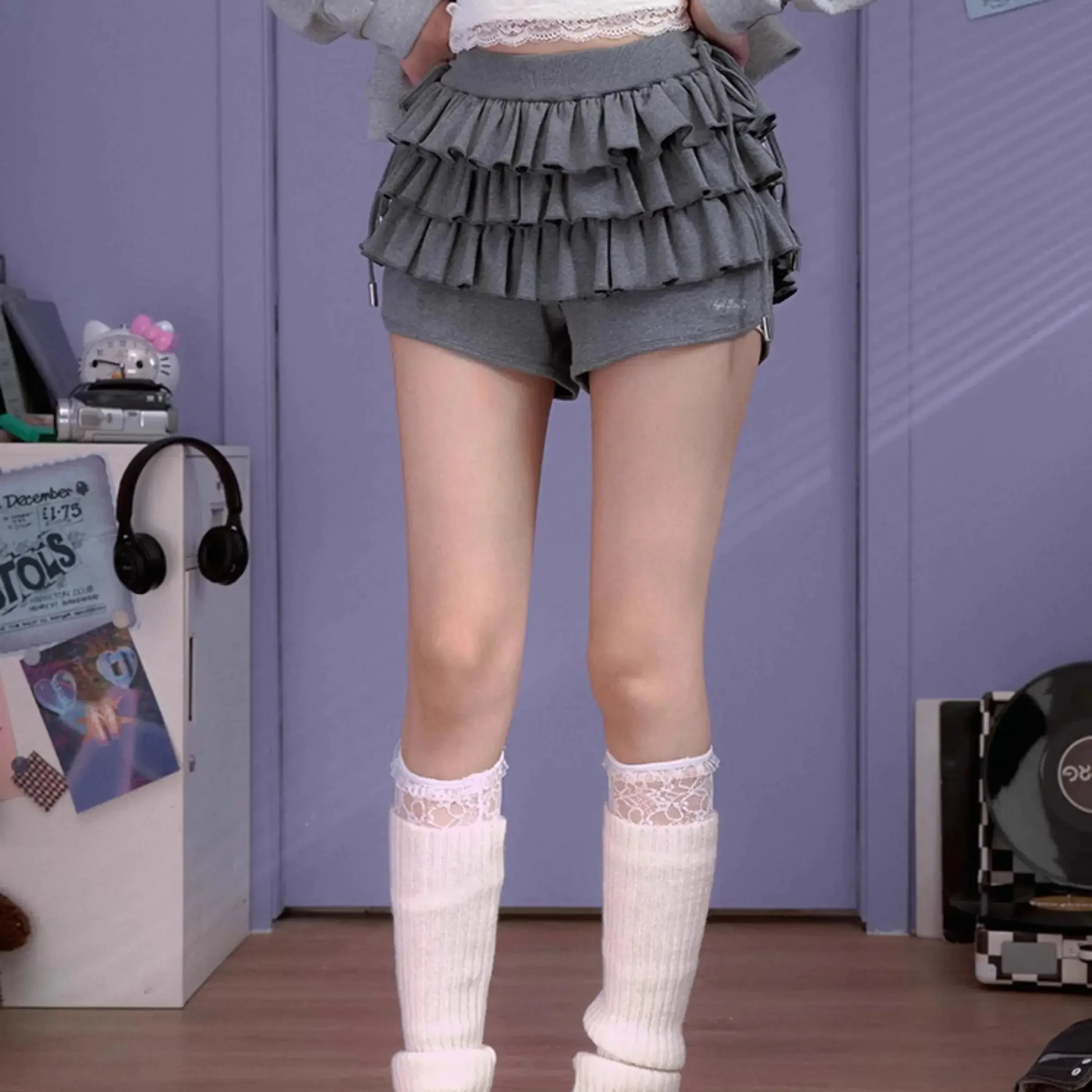 IMU Original Design Autumn Korean style outfit sweet and cool dark gray fluffy skirt pants versatile kawaii cake skirt