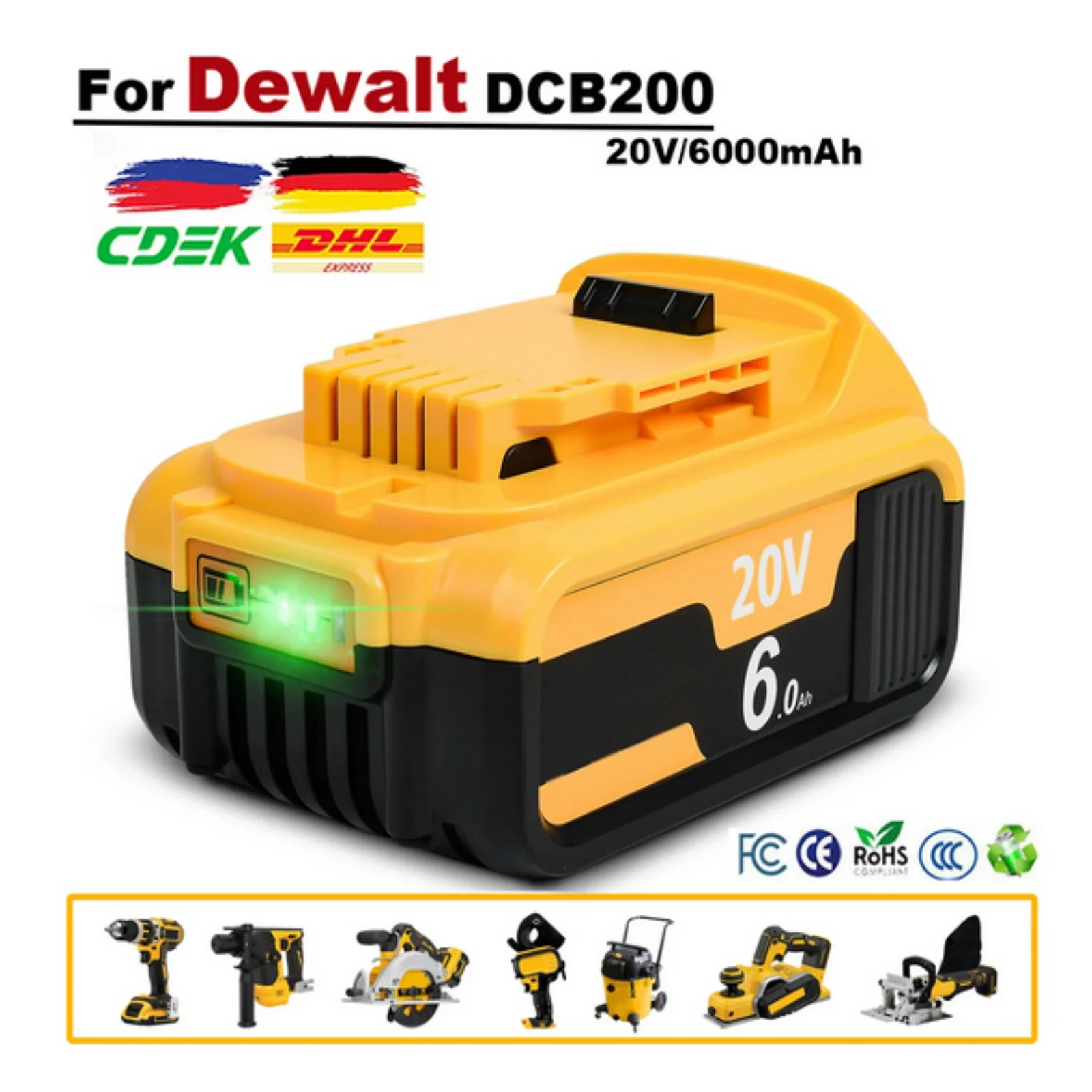 For Dewalt DCB200 20V 9000mAh Battery 6000mAh Replaceable Li-ion Battery DCB207 DCB204 DCB203 Power Tool Batteries LED Work Ligh