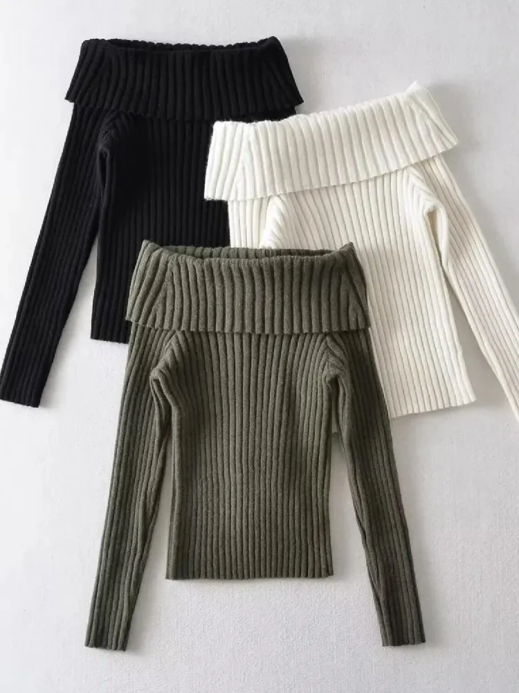 2022 Sexy Women Full Sleeve Slim Stretch Knitwear Jumper Autumn Winter Solid Color Rib Knitted Off the Shoulder Pullover Sweater