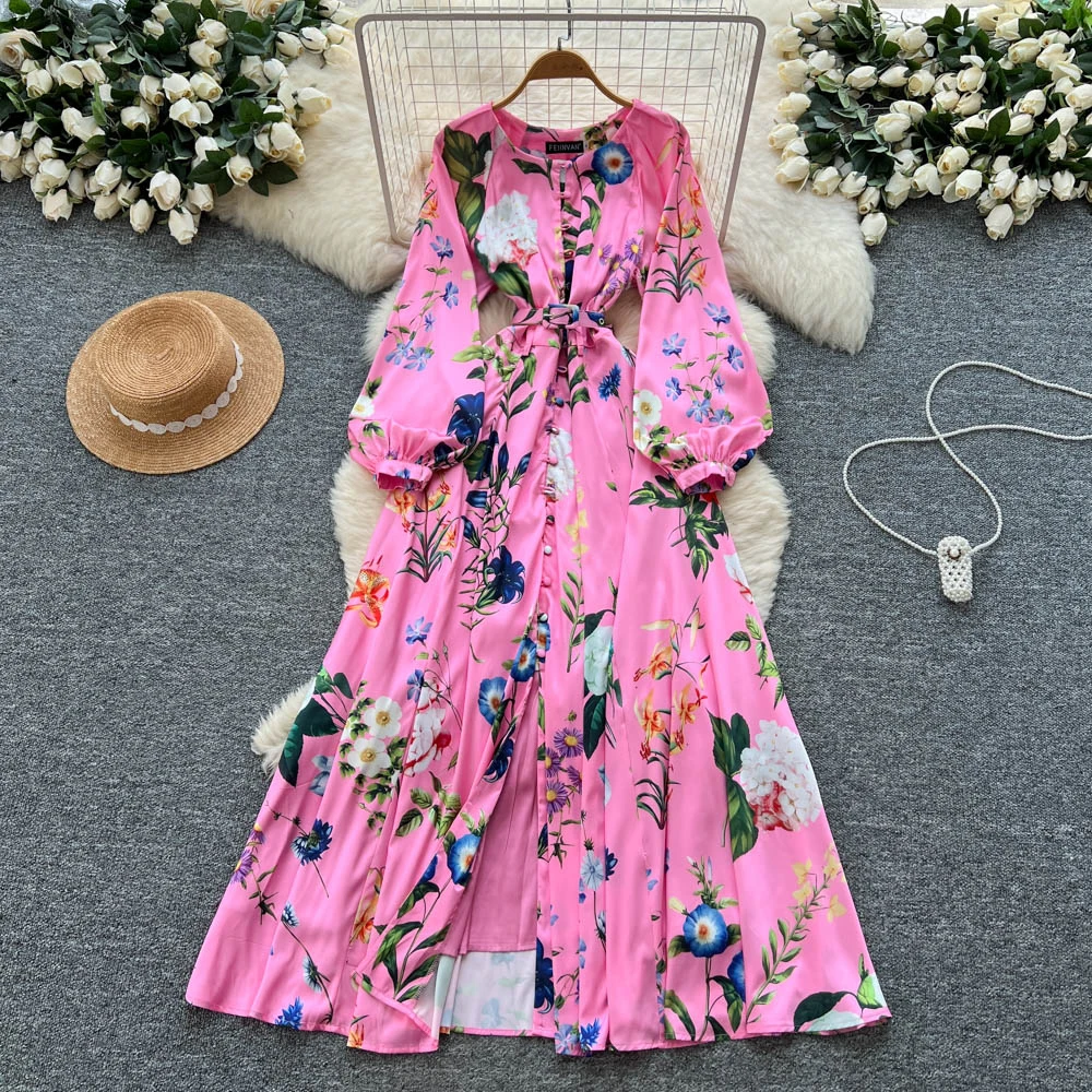 シックなヴィンテージ風長袖シングルブレストOネックプリントエレガントフェアリー韓国ファッションボヘミアン女性服ワンピース