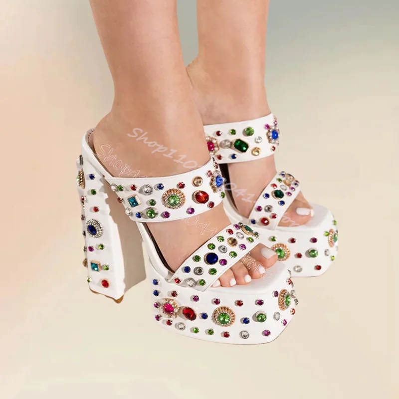 

Colorful Crystal Decor White Open Toe Platform Slippers Slip On Women Shoes Chunky High Heels Banquet 2025 Zapatos Para Mujere