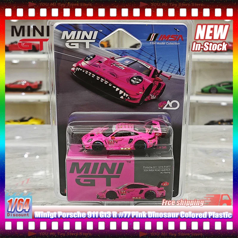 

In Stock Minigt 1:64 Porsche 911 Gt3 R #77 Pink Dinosaur Colored Plastic Alloy Miniature Die-Cast Car Models For Children'S Toys