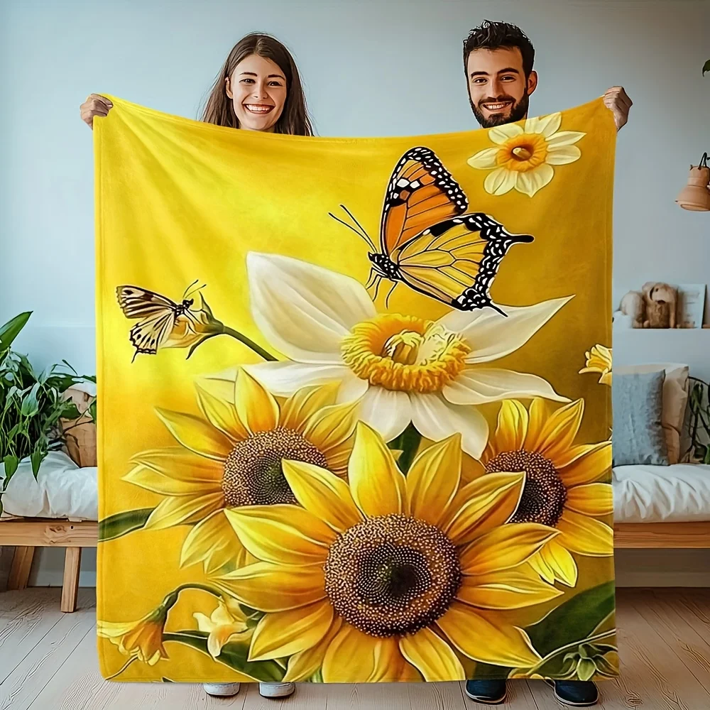 Flannel Throw Blanket Featuring a Sunflower And Butterfly Design - Cozy Twin-Sized Blanket Suitable for Bed, Couch, Chair