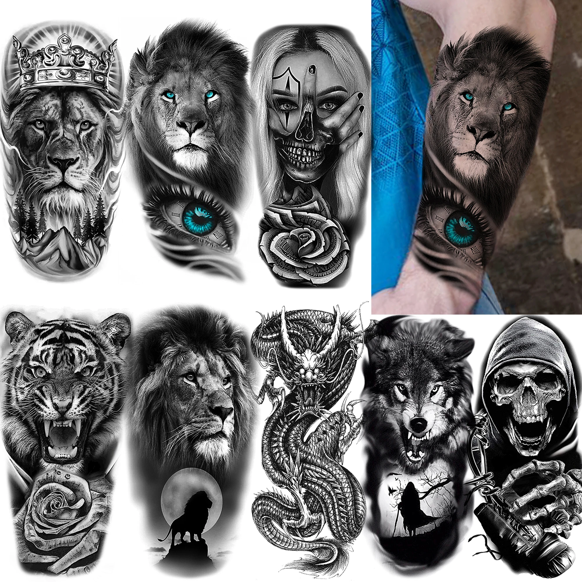 

1 Sheet Black Dragon Death Skull Lion Temporary Tattoos For Men Women Arm Leg Realistic Fake Wolf Tiger Tattoo Sticker Gangster