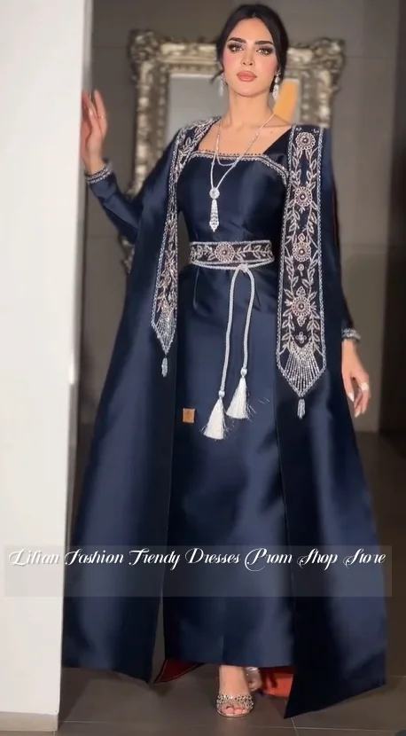 Customised Middle Eastern Evening Gown for Formal Occasions Navy Blue Embroidered Mother of the Bride Dress Evening Gown
