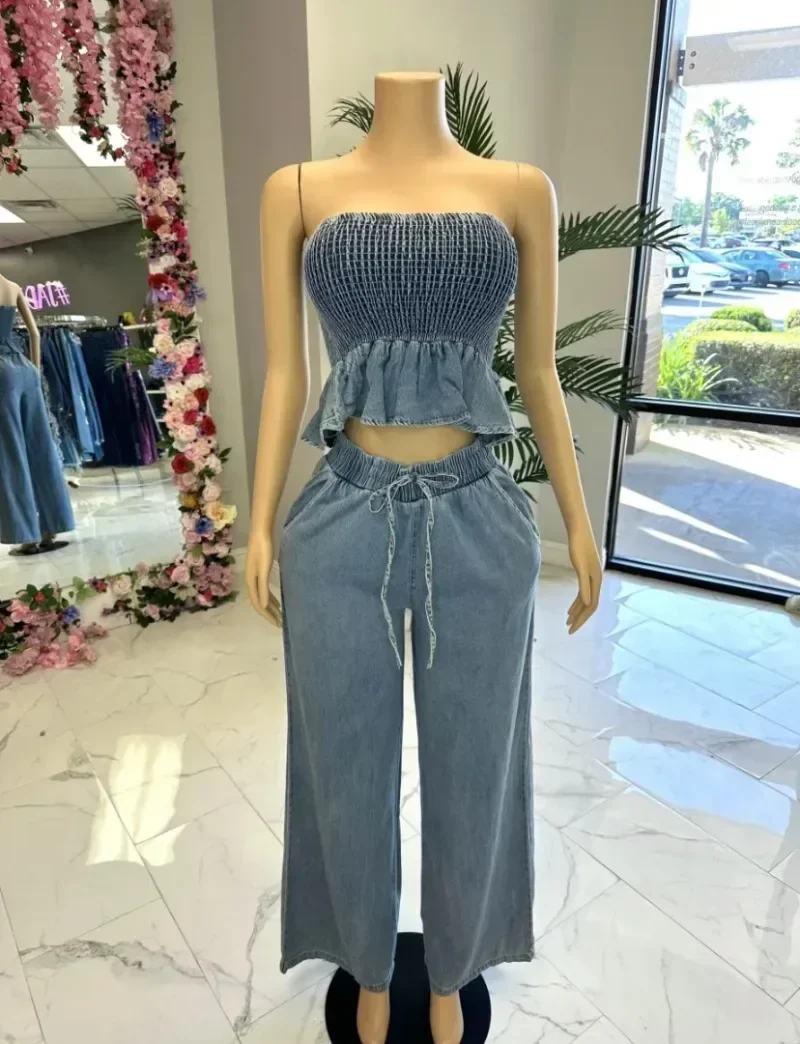 Women Fashion Denim 2 Piece Set Ruffles Hem Elastic Strapless Crop Tops + Wide Leg Pants Casual Jeans Suit Casual Streetwear