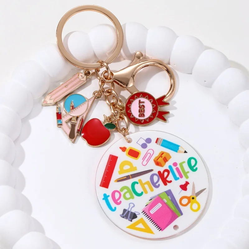 Lovely Apple Acrylic Best Teacher Work Keychain Pencil Heart Ruler Key Ring For Women Men Teacher\'s Gift Handmade Jewelry Set