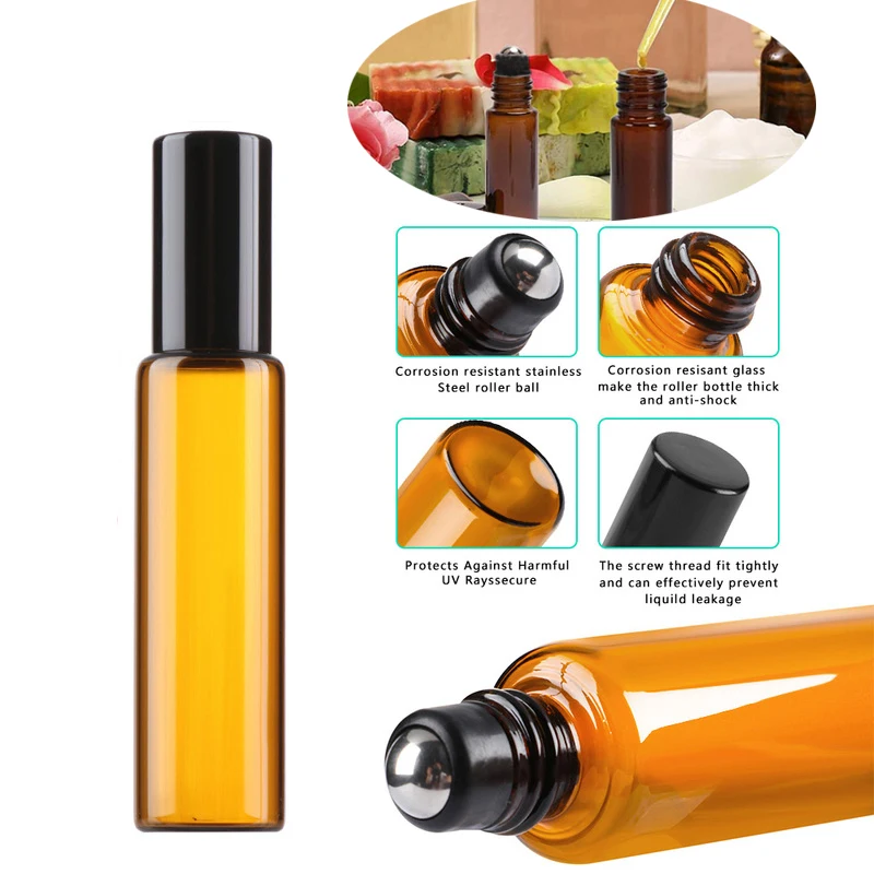 10Pcs 1/2/3/5/10ml Amber Glass Roller Balls Bottle Roll on Vials Roller Containers for Aromatherapy Essential Oil Perfume