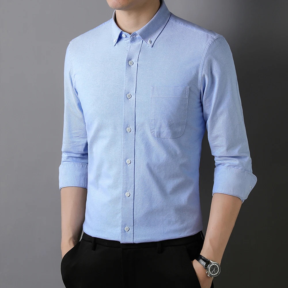 Camisa oxford masculina listrada sólida trabalho casual botão para baixo colarinho camisa de algodão clássico-ajuste camisas de manga longa com bolso