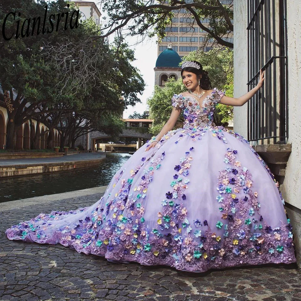 Lila von der Schulter Quince anera Kleider Prinzessin Ballkleid Tüll Schnür applikationen süß 15 16 Kleid elegantes Ballkleid