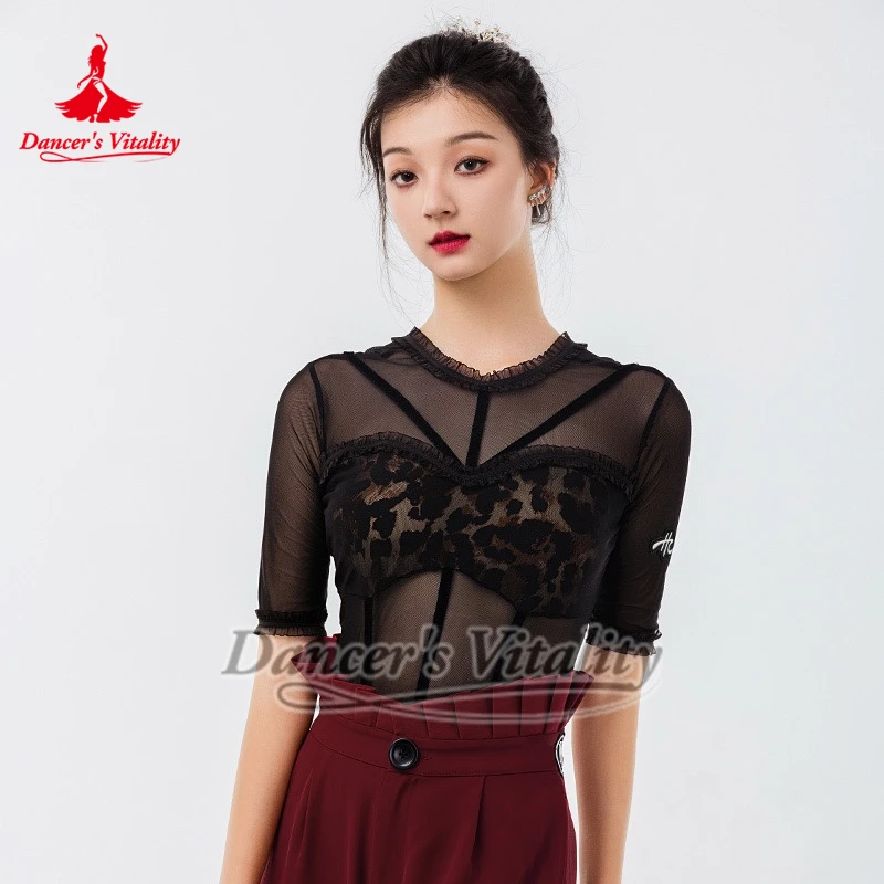 Due colori sono disponibili Pratica di danza sociale Tuta Foxtrot Tango Stampa leopardata Allenamento di gruppi di danza Esegui top coordinati