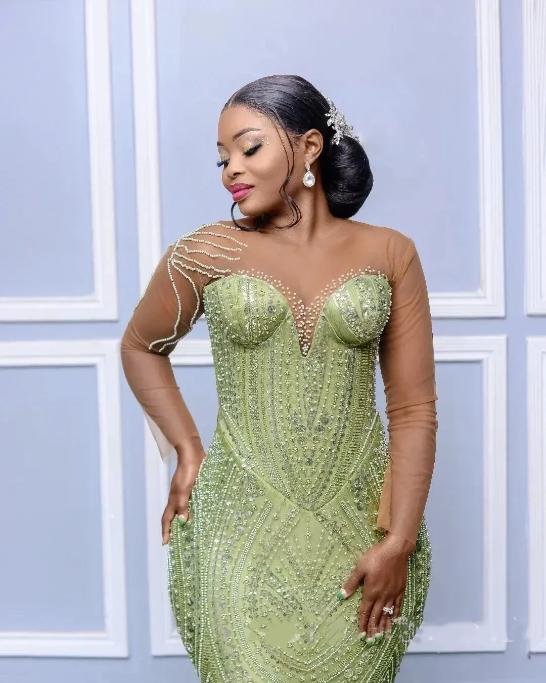 فاخر حورية البحر الدانتيل حبة التطريز حزب مساء اللباس مثير الخامس الرقبة مناسبة رسمية الاستقبال الثاني الكرة اللباس مخصص #3