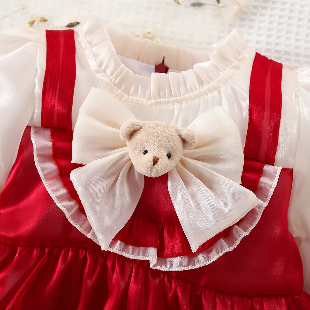 Spring and Autumn New Girl Baby Dress 0-3 Year Old Fake Two Pieces Doll Bow Double Fold Lolita Birthday Party Dress Sweet Prince