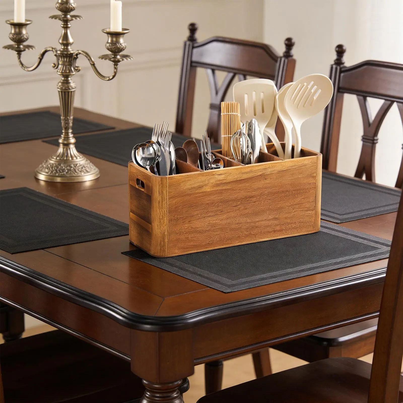 

Multi Compartment Wood Kitchen Utensil Holder Cutlery Storage Crock for Home Cooking Spoon Chopsticks Organizer