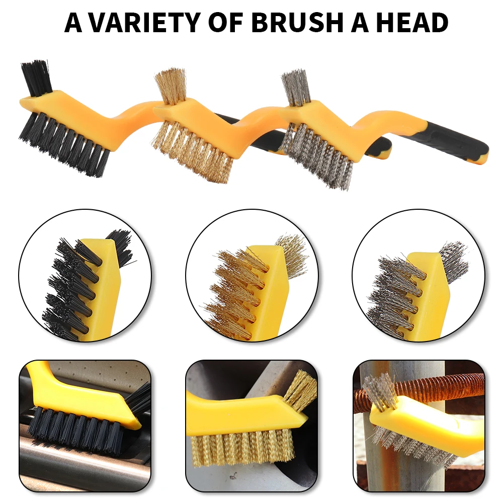 7Inch Brass Cleaning Brush Mini Stainless Steel Brush Metal Burr Polishing Rust Removal Kitchen Dirt Cleaning Nylon Brush 3pcs