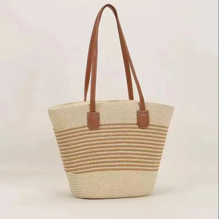 CLAREGQI  Women's Striped Straw Tote Bag, Large Capacity Woven Beach Bag, Casual Shoulder Bag with PU Leather Handles, Summer Tr view 4