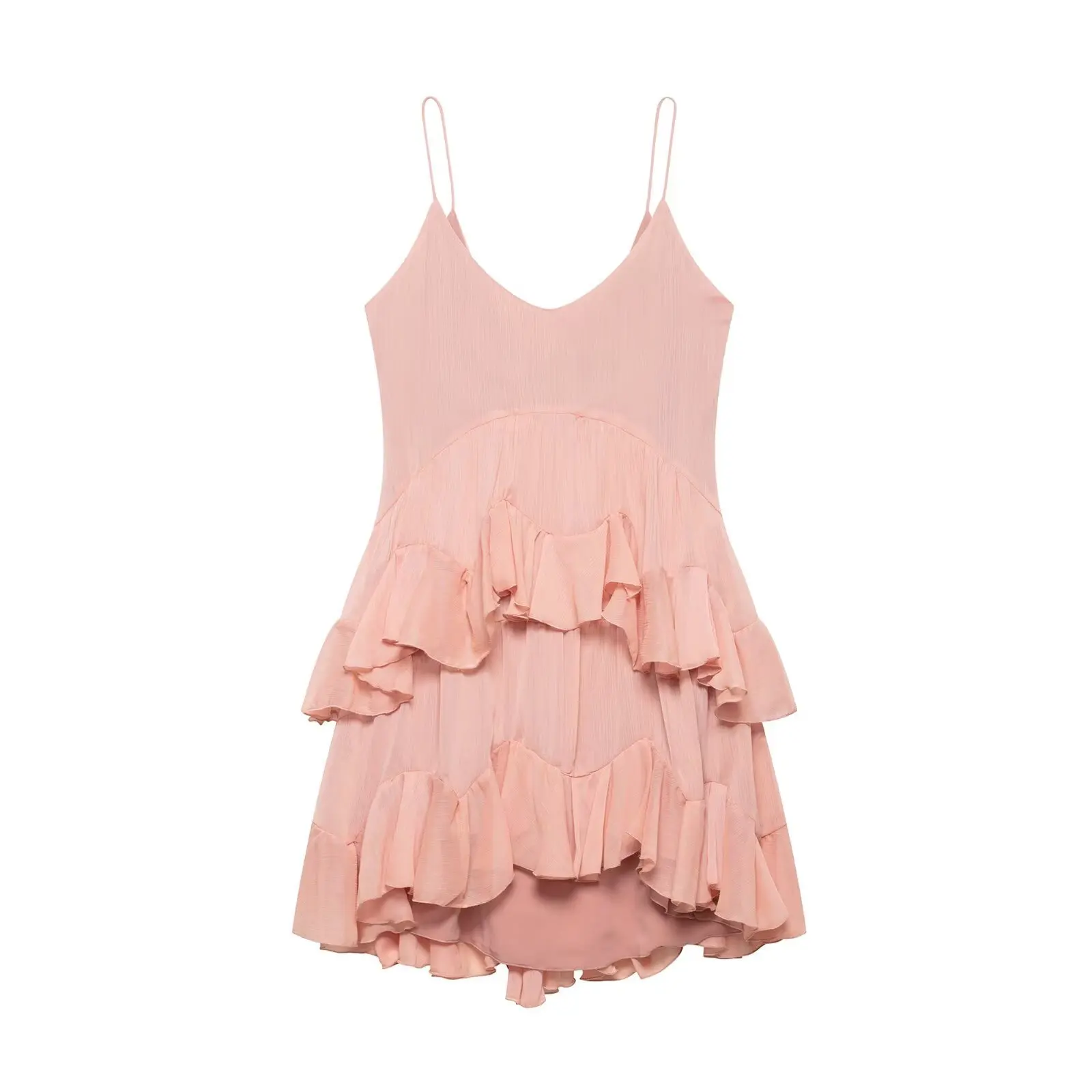 

Women's Sexy Mini Dress with Low Collar and Thin Shoulder Straps with Cascading Flounces and Charming Fashion 2025 New Style