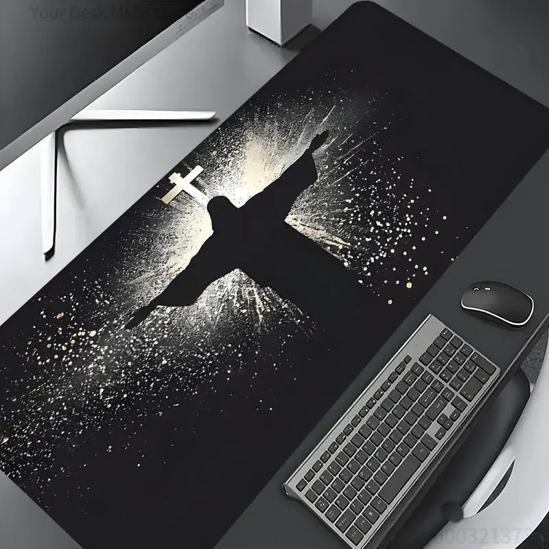 

Large Luminous Jesus Cross Gaming Mouse Pad, Glow-in-The-Dark Desk Mat, Non-Slip Rubber Base, Washable Stitched Edge for Home Of