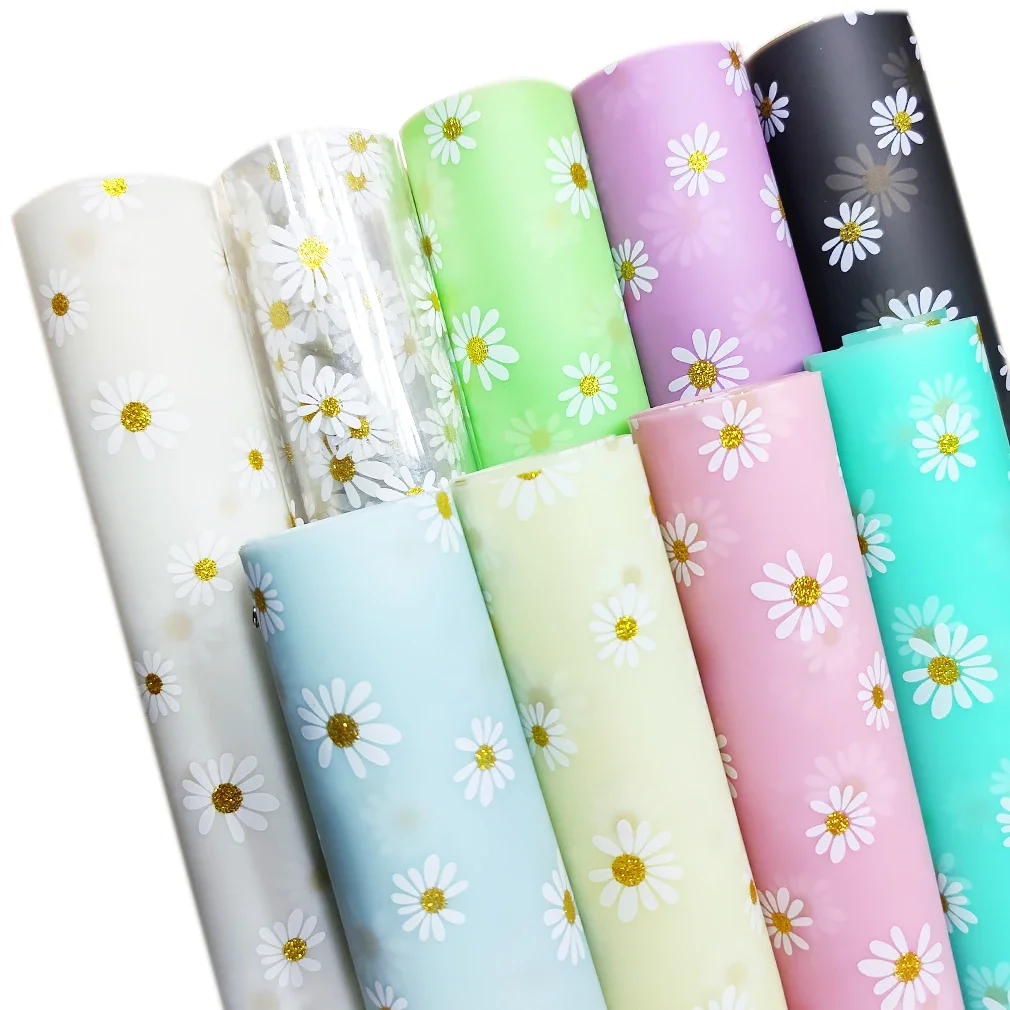 0.4mm Daisy Jelly Vinyl Fabric 46x135cm TPU Roll Printed Frosted Faux Leather Fabric For Making Handbags/Earring DIY Table Decor