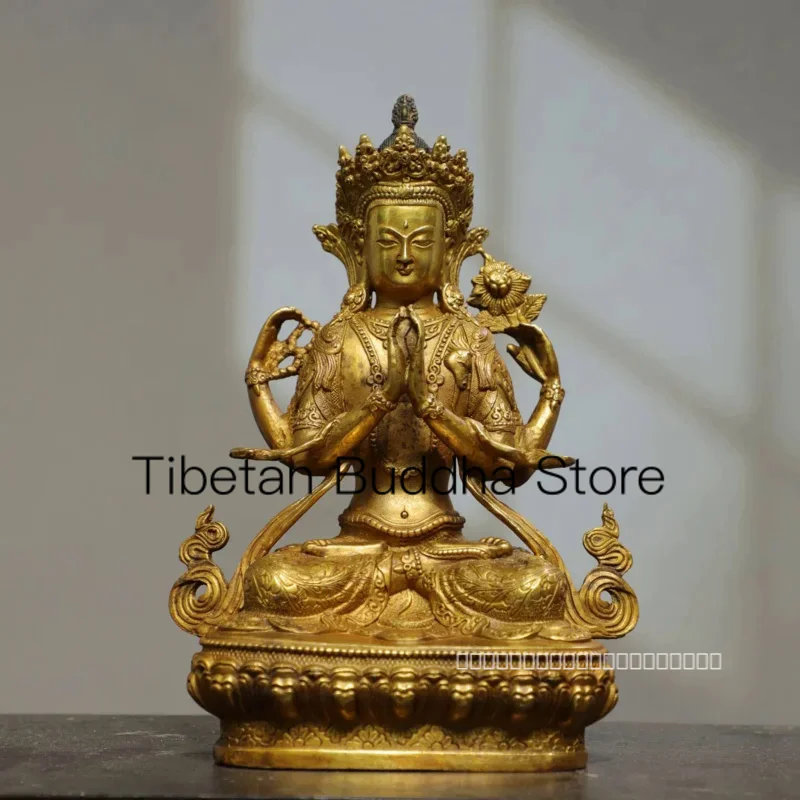 

22cm Nepalese Tibetan Pure Copper Gilded Four Arm Avalokitesvara Bodhisattva Decoration Home Buddhist Hall Articles