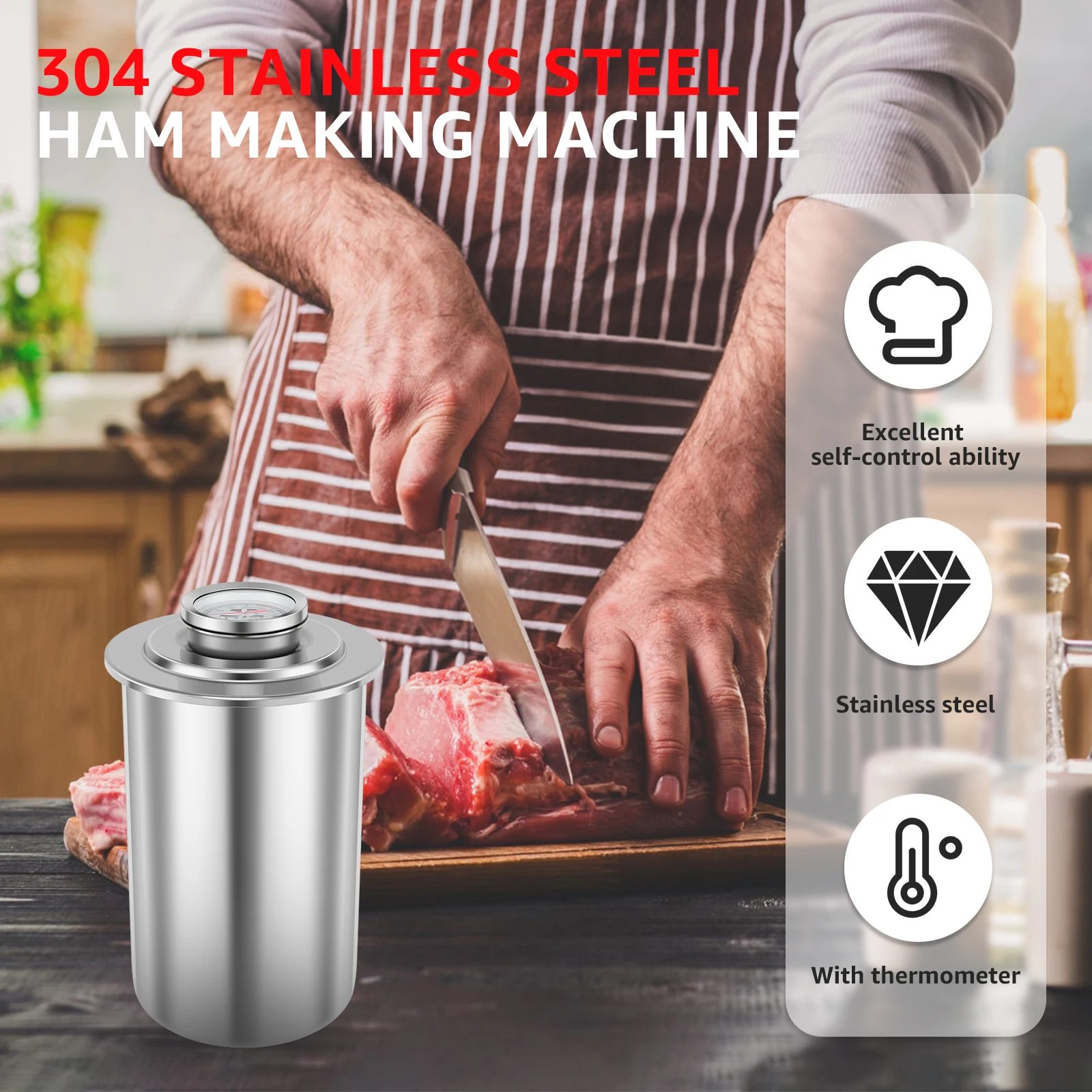 Ham Maker Stainless Steel Press Cooker with Thermometer and Meat Tenderizer Needle 1.3L Capacity Ham Press Maker