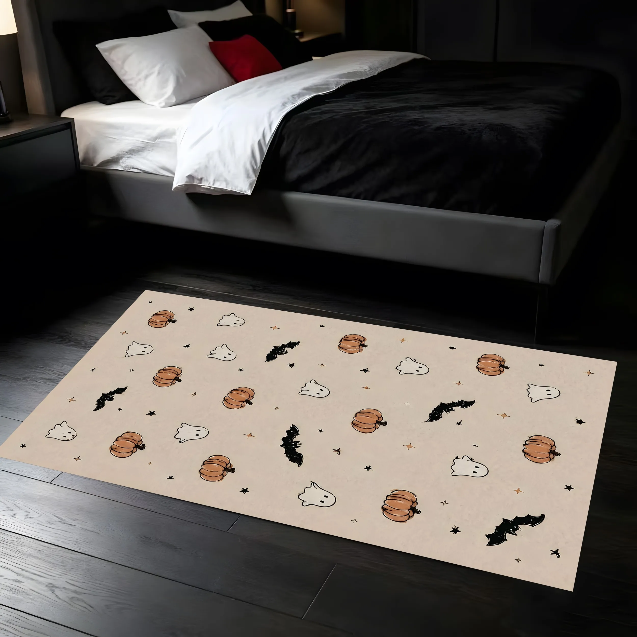 2D Carpet Pumpkin Ghost Bat Prints Full Coverage Cute Cartoon Style Soft Soothing Visual Experience Fun Festive Halloween Atmosphere
