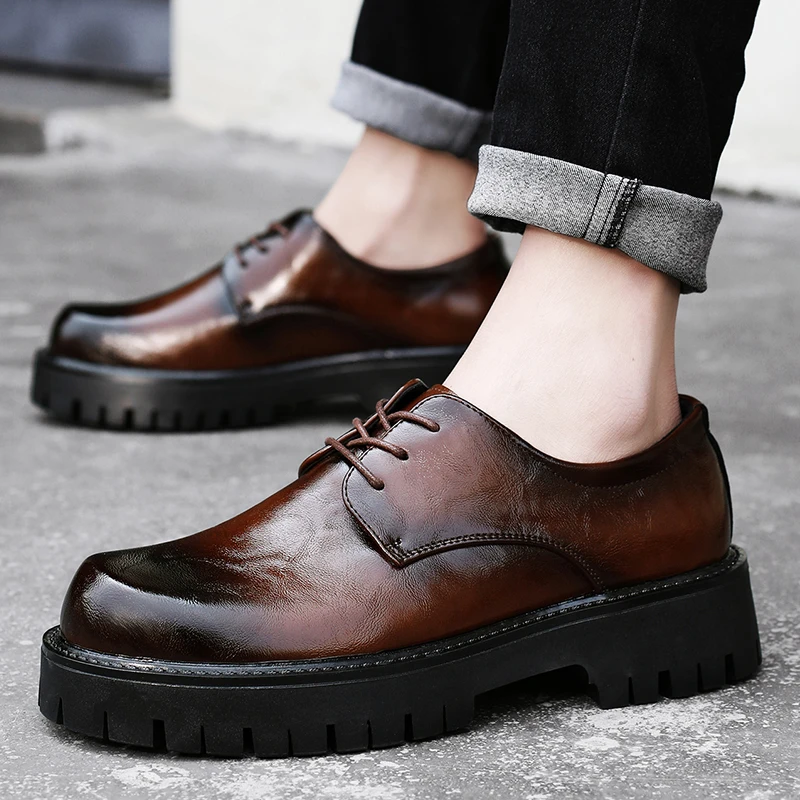 

Men's Casual Leather Shoes | Fashion Business Formal Shoes | Trendy British Style Youth Platform Chunky Toe Leather Casual Shoes